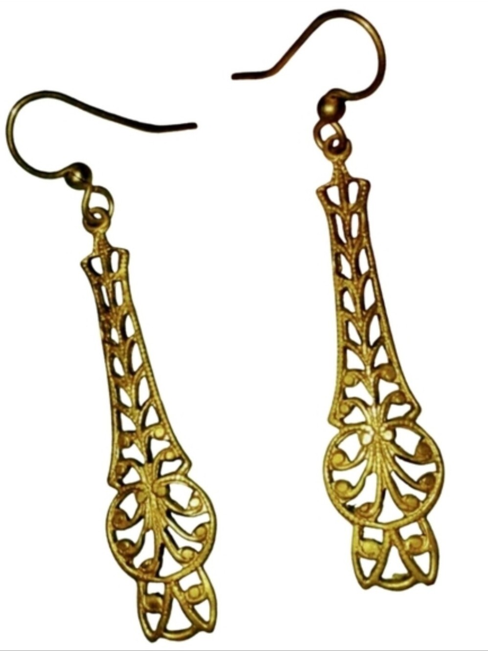 Brass Filigree Handmade Earrings Vintage Repro Gold Art Deco Nouveau Charm KATTA
